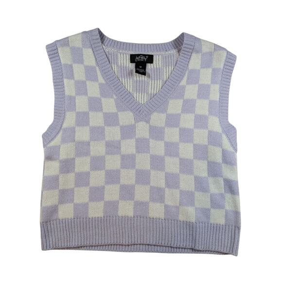 Just Polly Cropped Sweater Women’s M Medium White Purple Check V-Neck Acrylic - Picture 1 of 5